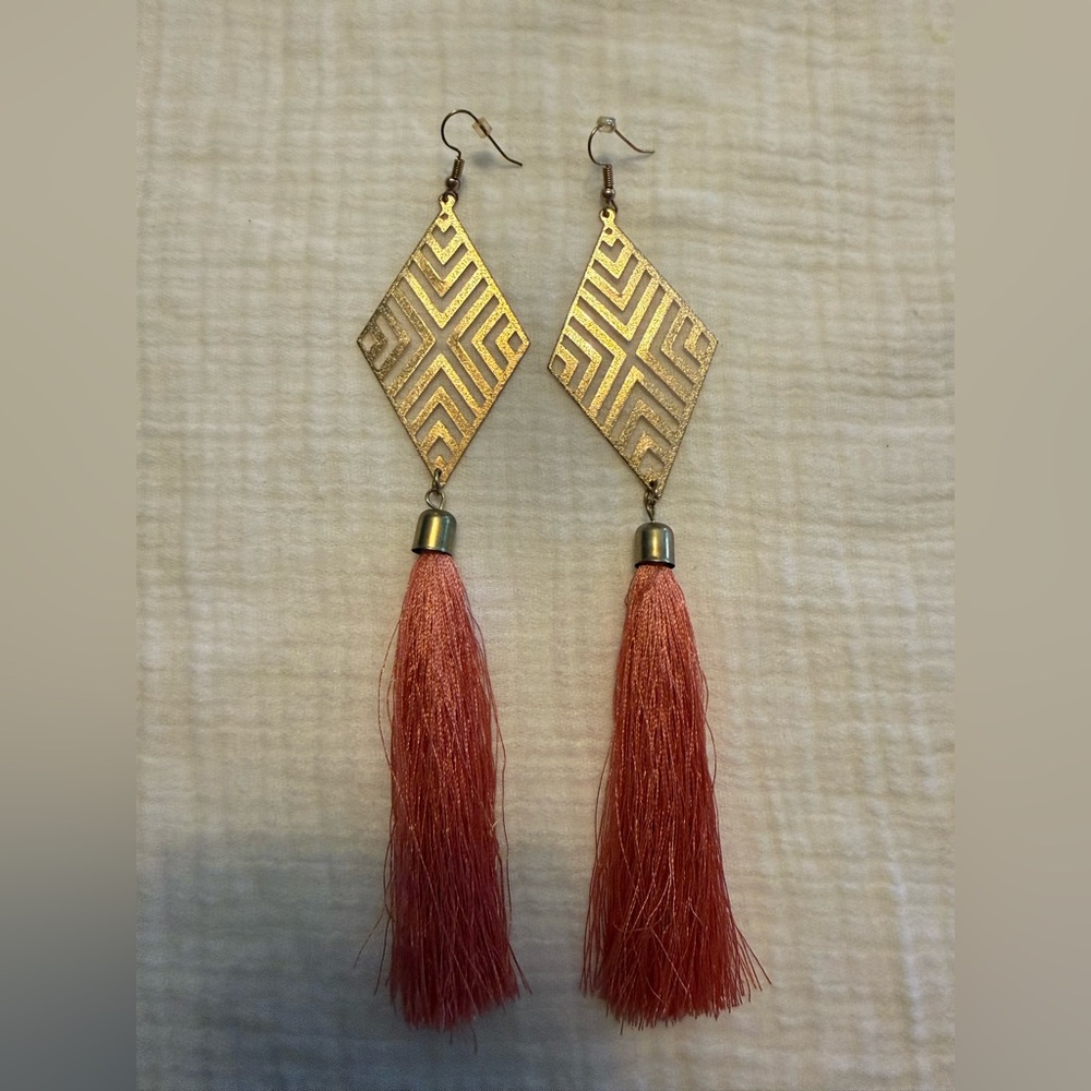 Geometric Gold and Pink Tassel Earrings